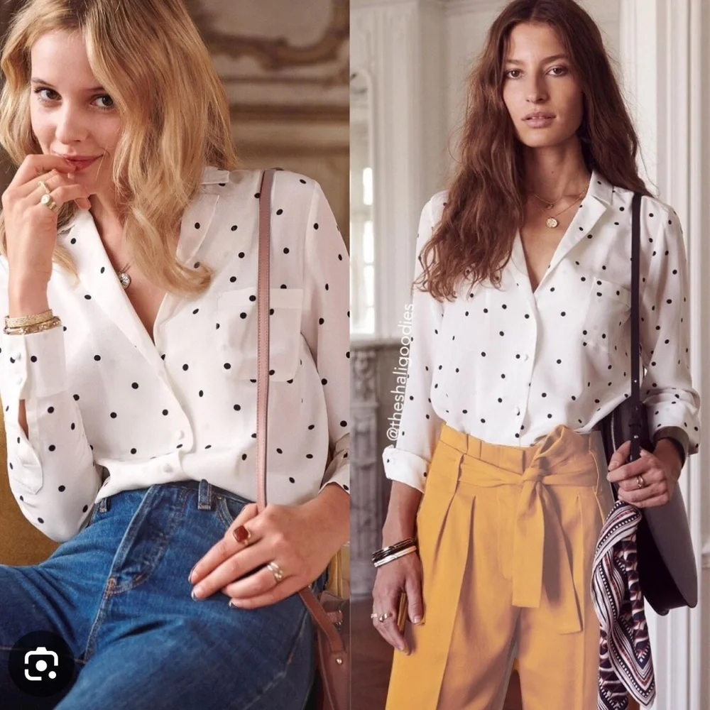 M19 Free People White Red Silk‎ Polka Dot Button Down Shirt